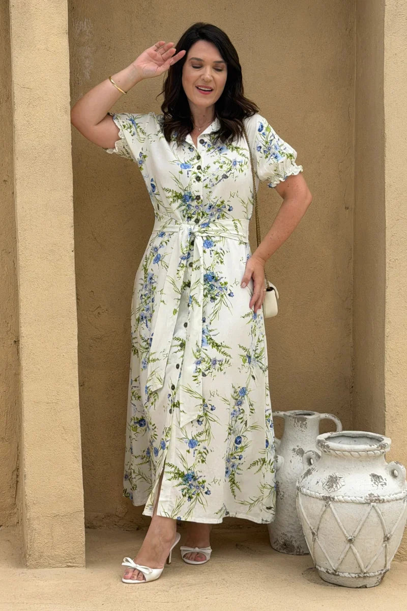 Chemise Mariah Branco Floral em Linho