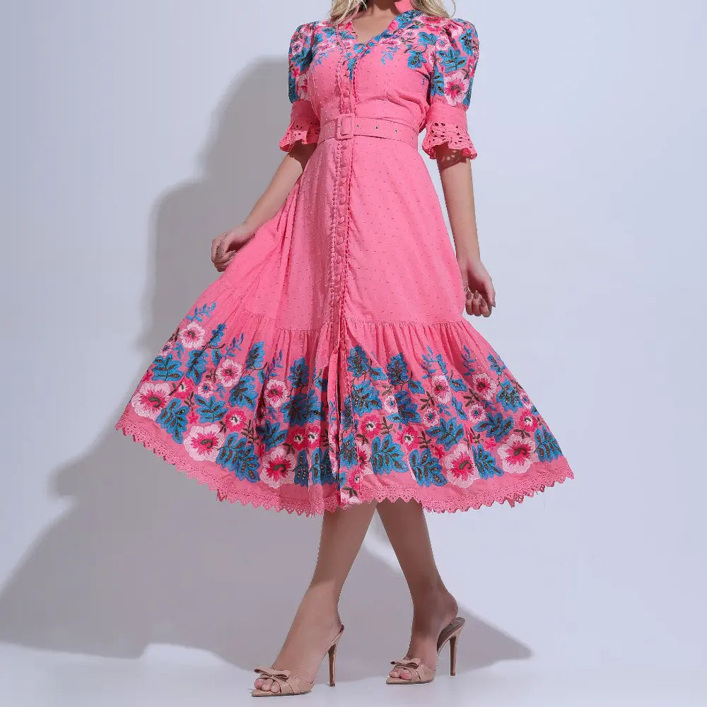 Vestido Feminino Rosa Midi Bordado Aurora - FL32