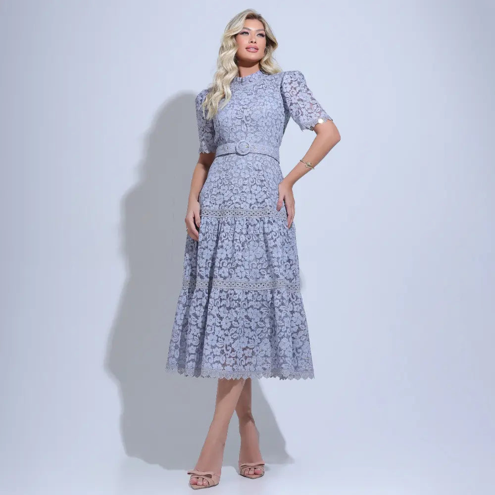 Vestido Feminino Midi Rendado Cinza Michelinne - FL29