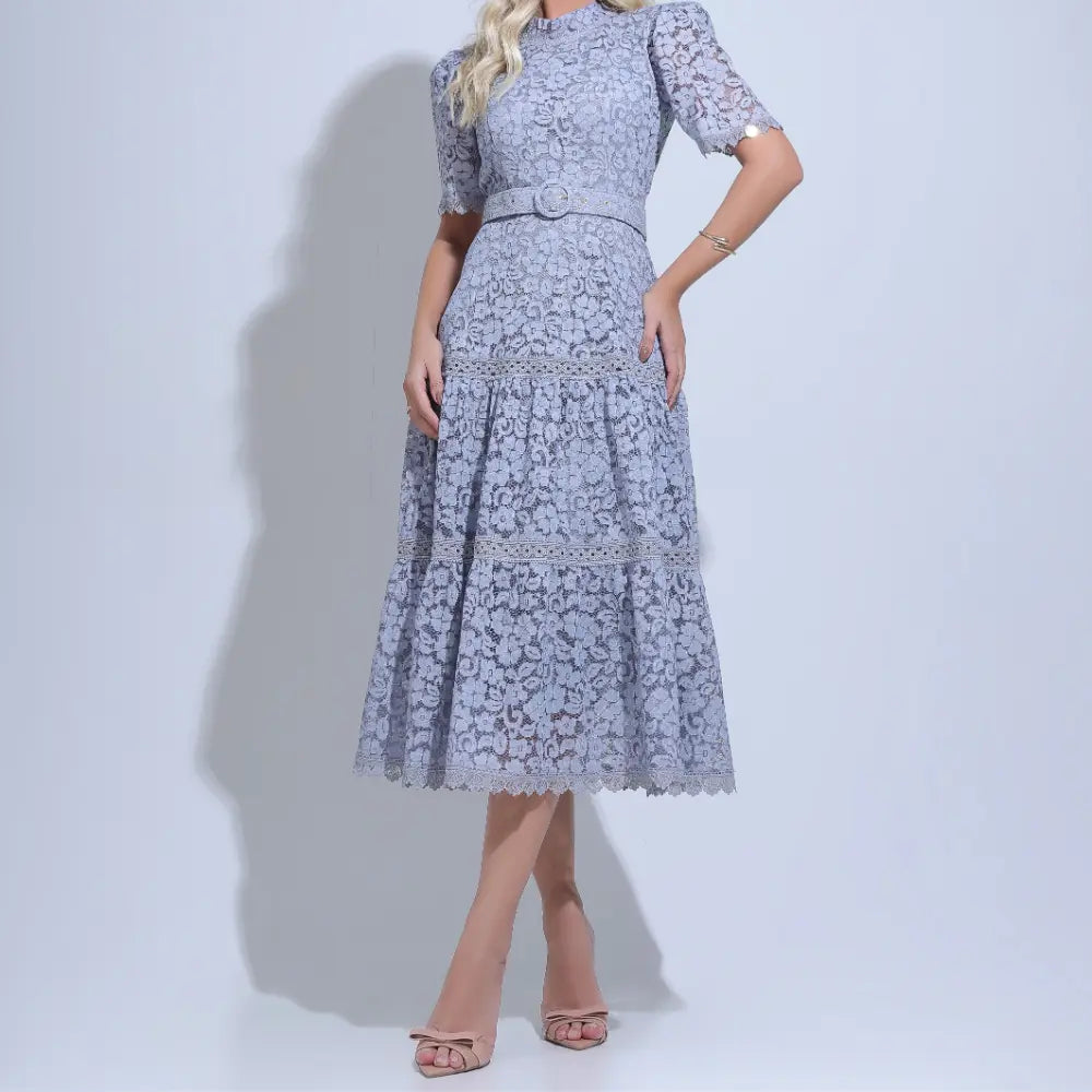 Vestido Feminino Midi Rendado Cinza Michelinne - FL29