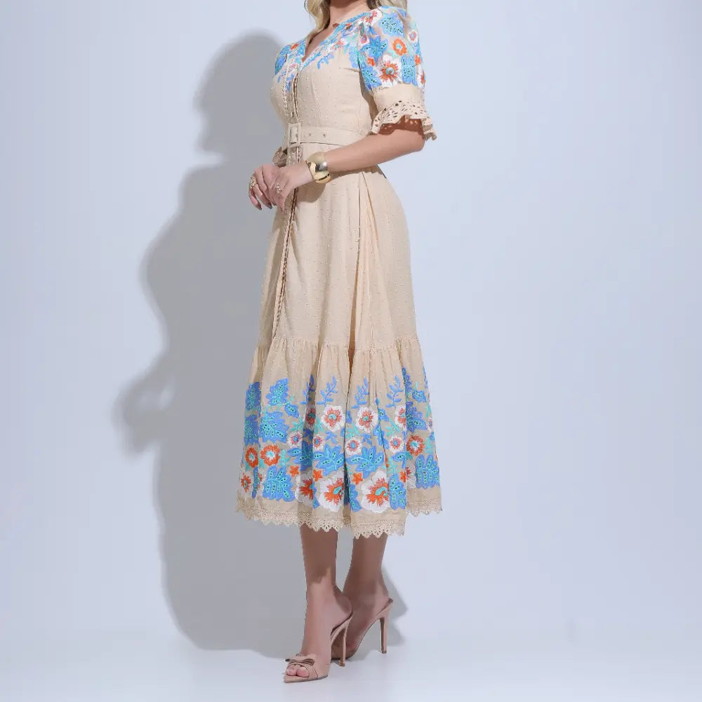 Vestido Feminino Midi Bege Bordado Aurora - FL30