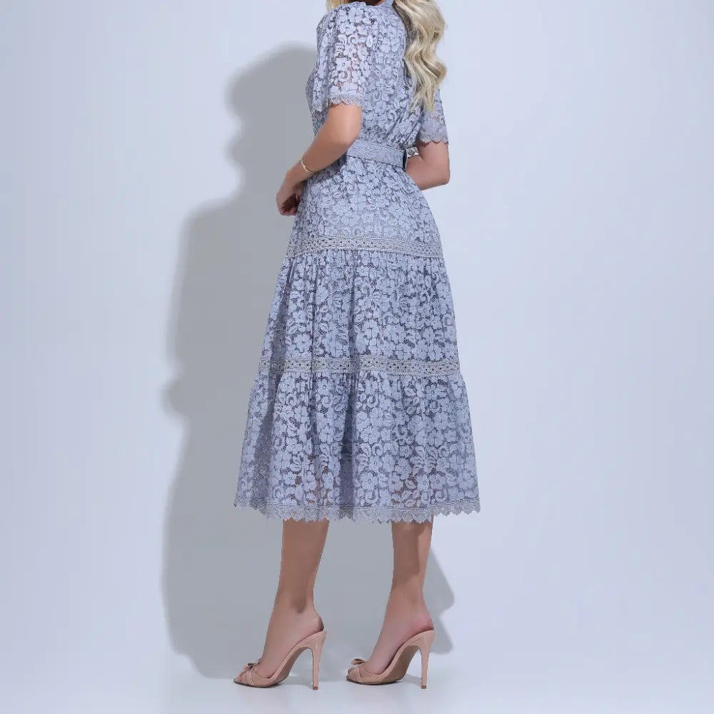 Vestido Feminino Midi Rendado Cinza Michelinne - FL29