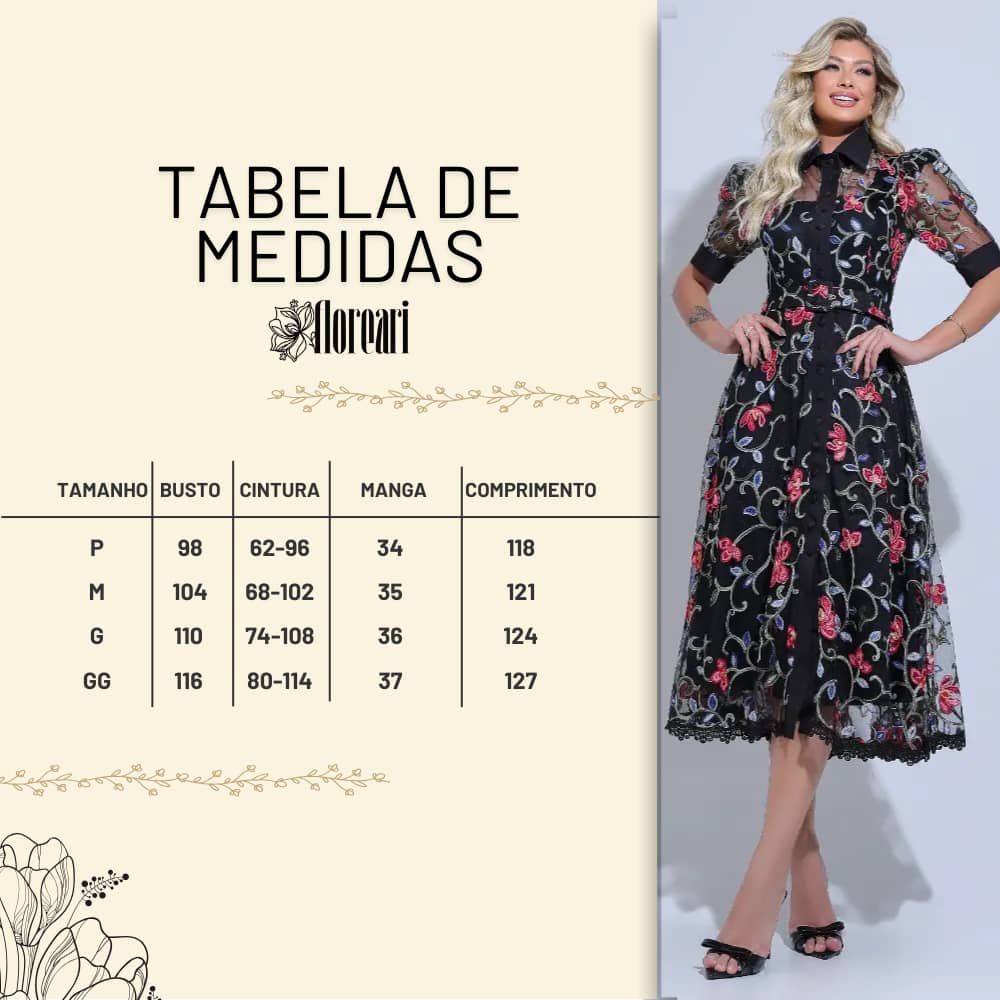 Vestido Feminino Midi Florado Preto Sarah - FL28